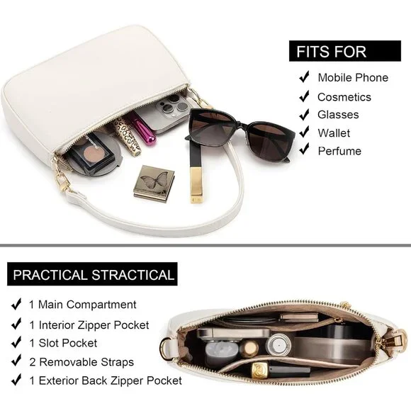 Women B White Retro Vegan Leather Polyester Lining Classic Clutch Tote HandBag - Picture 3 of 9